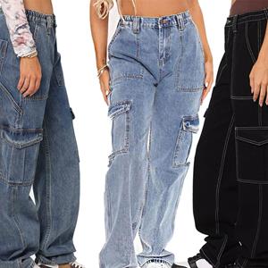 XHZ Ladies Straight Loose Wide Leg Pants Cargo Multi Pocket Jeans Casual Jeans For Women