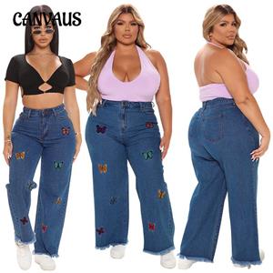 CANVAUS Spring and Autumn Women's Jeans Embroidered Casual Jeans Straight Leg Pants Trousers