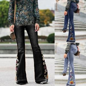 PJ78HG Lady hoog getailleerde stretch slanke broek borduurwerk boot-cut broeklengte jeans