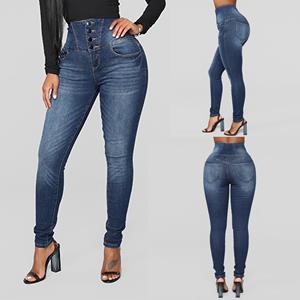 Mei hua Pure-color Button High Waist Stretch Calf Jeans voor dames