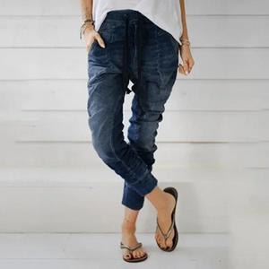 Surwenyue Casual elastische taille effen denim jeans dames wintermode kant-up jeans streetwear cowboy losse fit lange broek 30202