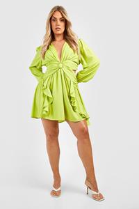 Boohoo Plus Wikkel Cut Out Skater Jurk Met Ruches, Chartreuse