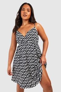 Boohoo Plus Geo Print Zonnejurk Met Bandjes, Black