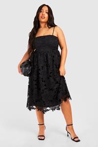 Boohoo Plus Premium Lace Strappy Midi Skater Dress, Black