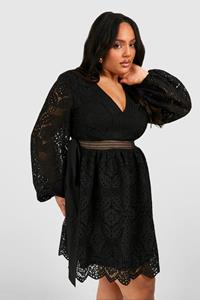 Boohoo Plus Premium Lace Volume Sleeve Skater Dress, Black