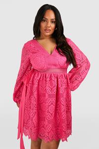 Boohoo Plus Premium Lace Volume Sleeve Skater Dress, Pink