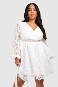 Boohoo Plus Premium Lace Volume Sleeve Skater Dress, White
