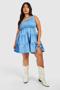 Boohoo Plus One Shoulder Chambray Tiered Skater Dress, Blue