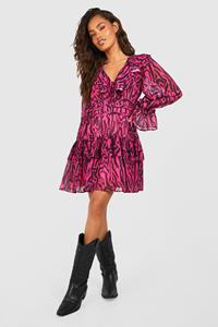 Boohoo Animal Print Chiffon Ruffle Smock Dress, Hot Pink
