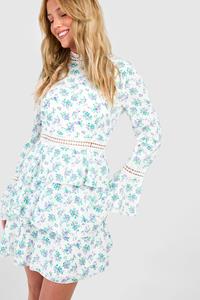 Boohoo High Neck Floral Tiered Skater Dress, White