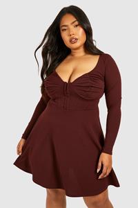 Boohoo Plus Ruched Corset Detail Skater Dress, Chocolate