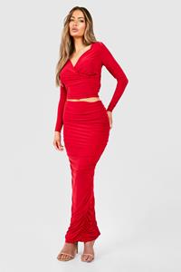 Boohoo Ruched Slinky Maxi Skirt, Red