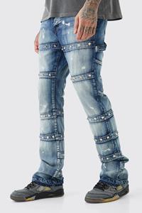 Boohoo Tall Slim Rigid Flare Embellished Strap Detail Jeans, Antique Blue