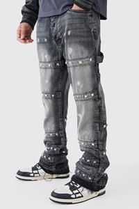 Boohoo Tall Slim Rigid Flare Embellished Strap Detail Jeans, Charcoal