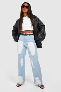 Boohoo Extreme Distressed Ripped Straight Leg Jeans, Light Blue