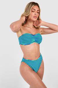 Boohoo Stripe Towelling Ruched Bandeau Bikini Set, Blue