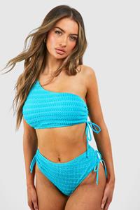 Boohoo Textured One Shoulder Ruched Bikini Set, Turquoise