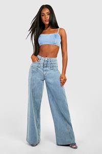 Boohoo Wide Leg Jeans With Front And Back Waistband Panel, Light Blue