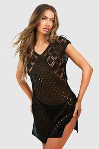 Boohoo Crochet Knit Cover-Up Beach Dress, Black