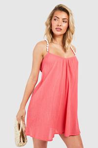 Boohoo Crinkle Shell Straps Beach Mini Dress, Coral Pink
