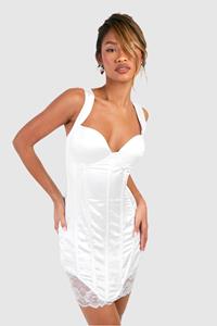 Boohoo Satin Lace Trim Bonded Corset Mini Dress, White