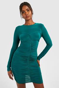 Boohoo Slinky Ruched Long Sleeve Mini Dress, Green