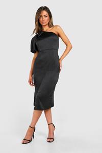 Boohoo Satin Puff Sleeve Asymmetric Midi Dress, Black