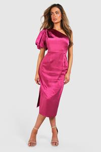 Boohoo Satin Puff Sleeve Asymmetric Midi Dress, Pink