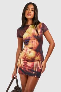 Boohoo Body Print Slinky Short Sleeve Bodycon Dress, Brown