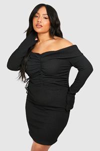 Boohoo Plus Textured Off Shoulder Ruched Bodycon Dress, Black