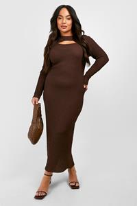 Boohoo Plus Textured Cut Out Column Midaxi Dress, Chocolate