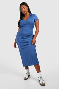 Boohoo Plus Rib Collar Short Sleeve Midaxi Dress, Blue