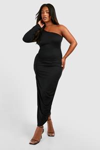 Boohoo Plus Super Soft One Shoulder Ruched Split Midaxi Dress, Black