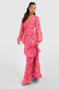 Boohoo Tall Woven Floral Wrap Tiered Maxi Dress, Pink