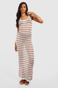 Boohoo Tall Stripe Crochet Beach Maxi Dress, Beige