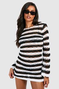Boohoo Tall Stripe Crochet Beach Open Back Mini Dress, Black