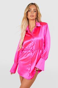 Boohoo Satin Shoulder Pad Mini Shirt Dress, Hot Pink