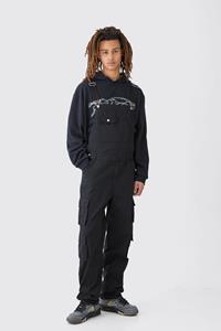 Boohoo Washed Twill Multi Cargo Pocket Relaxed Fit Dungarees, Black