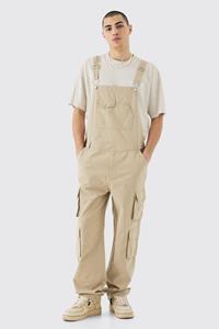 Boohoo Washed Twill Multi Cargo Pocket Relaxed Fit Dungarees, Stone