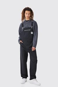 Boohoo Washed Twill Branded Zip Carpenter Relaxed Fit Dungarees, Black