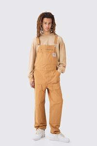 Boohoo Washed Twill Branded Zip Carpenter Relaxed Fit Dungarees, Tan