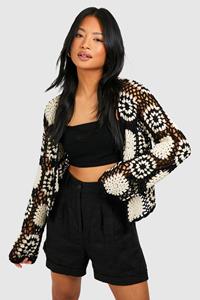 Boohoo Petite Patchwork Crochet Cardigan, Black_Ecru