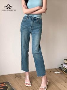Bella Philosophy Lente zomer nieuwe lichtblauwe jeans met hoge taille Slim-fit rechte cropped broek voor dames, casual mode-denimbroek
