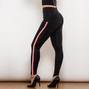 Shascullfites Melody Stretch Jeans met witte en rode zijstreep Mode Zwarte denim Jeggings met hoge taille Slim Fit Bum Lift Potloodbroek