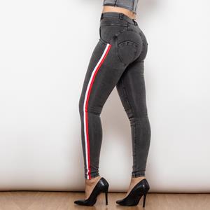 Shascullfites Melody Midden Taille Donkere Draad Grijze Jeans met Streep Scrunch Bum Jeggings Dames Butt Lift Jeans