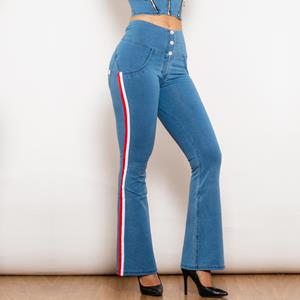 Shascullfites Melody Lichtblauw Gestreepte Uitlopende Lift Jeggings Button Up Butt Lift Hoge Taille Flare Jeans Vrouwen Shaping Jeans