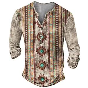 Haojun Vintage Personalized Pattern Long Sleeved T-shirt, Outdoor Leisure and Entertainment Men's Ethnic Style Button Up T-shirt.