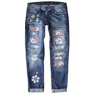 Tamiaamia (Su)Vrouwen blauwe bloem print stretch jeans hoge taille broek patch gescheurde vernietigde denim broek skinny broek
