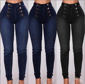 MAITA Pet Supplies Damesmode slanke skinny jeans met dubbele rij knopen en hoge taille, lange potlood-denimbroek