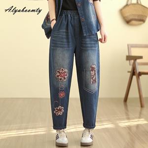 Alyaboomty Koreaanse stijl lente herfst dames elegante jeans etnische stijl applicaties bloemenborduurwerk casual losse denim broek elegante vintage blauwe jeans